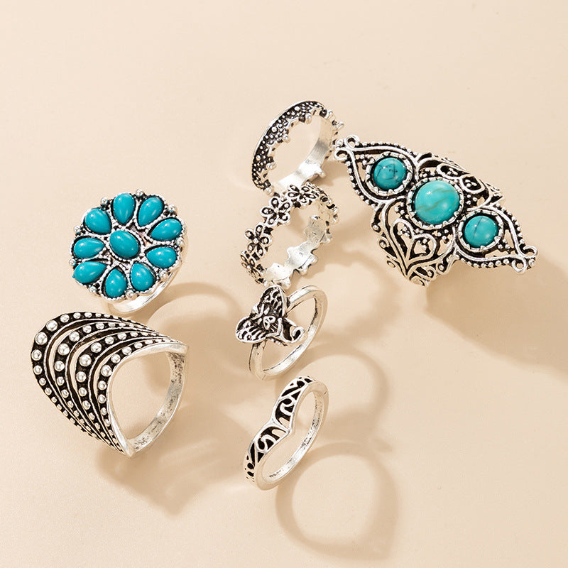 Wholesale 3sets Retro Ethnic Turquoise Rings7-piece/Set Elephant Geometric Graphic